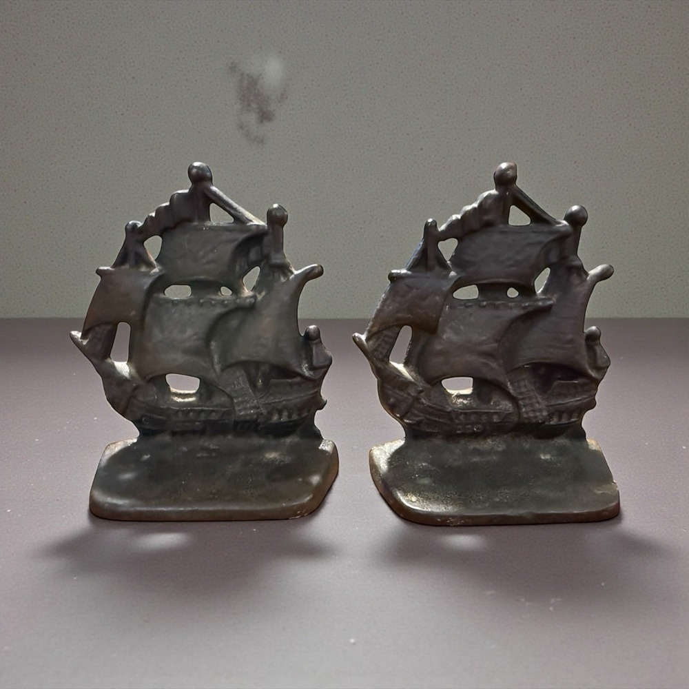 Vintage Cast Iron Sailing Ship Metal Bookends Nautical History